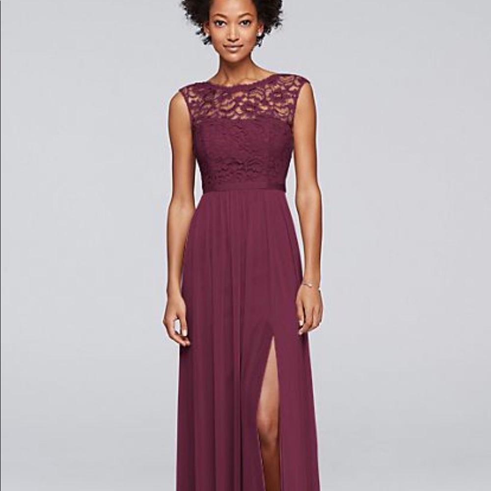 Davids Bridal long wine lace bodice dress